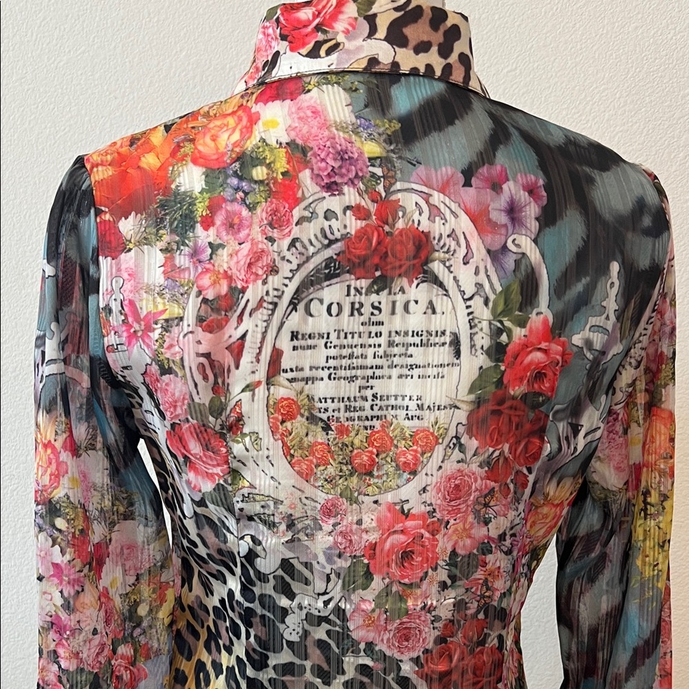 XS Women's Silk Sheer Floral & Leopard Print Button-Down Shirt in Multi-Color - Picture 5 of 15